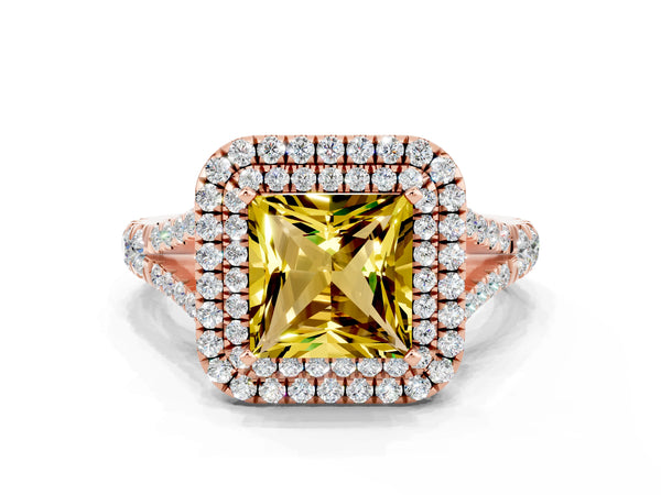 Rose gold Double Halo Princess Cut Yellow Sapphire Pavé Split Shank Ring with Prong Setting