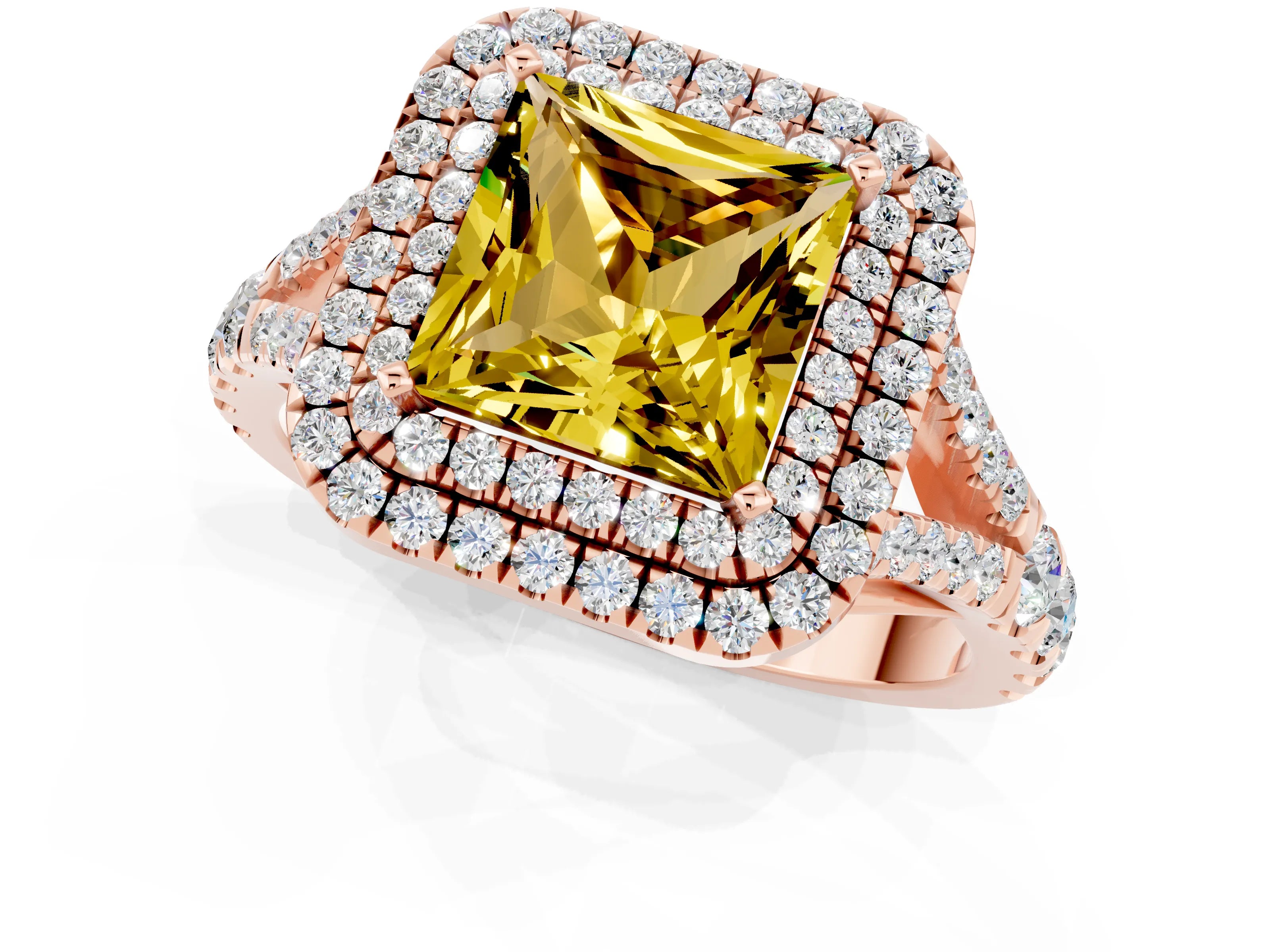 Rose gold Double Halo Princess Cut Yellow Sapphire Pavé Split Shank Ring with Prong Setting_1