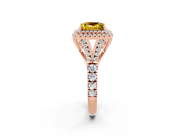 Rose gold Double Halo Princess Cut Yellow Sapphire Pavé Split Shank Ring with Prong Setting
