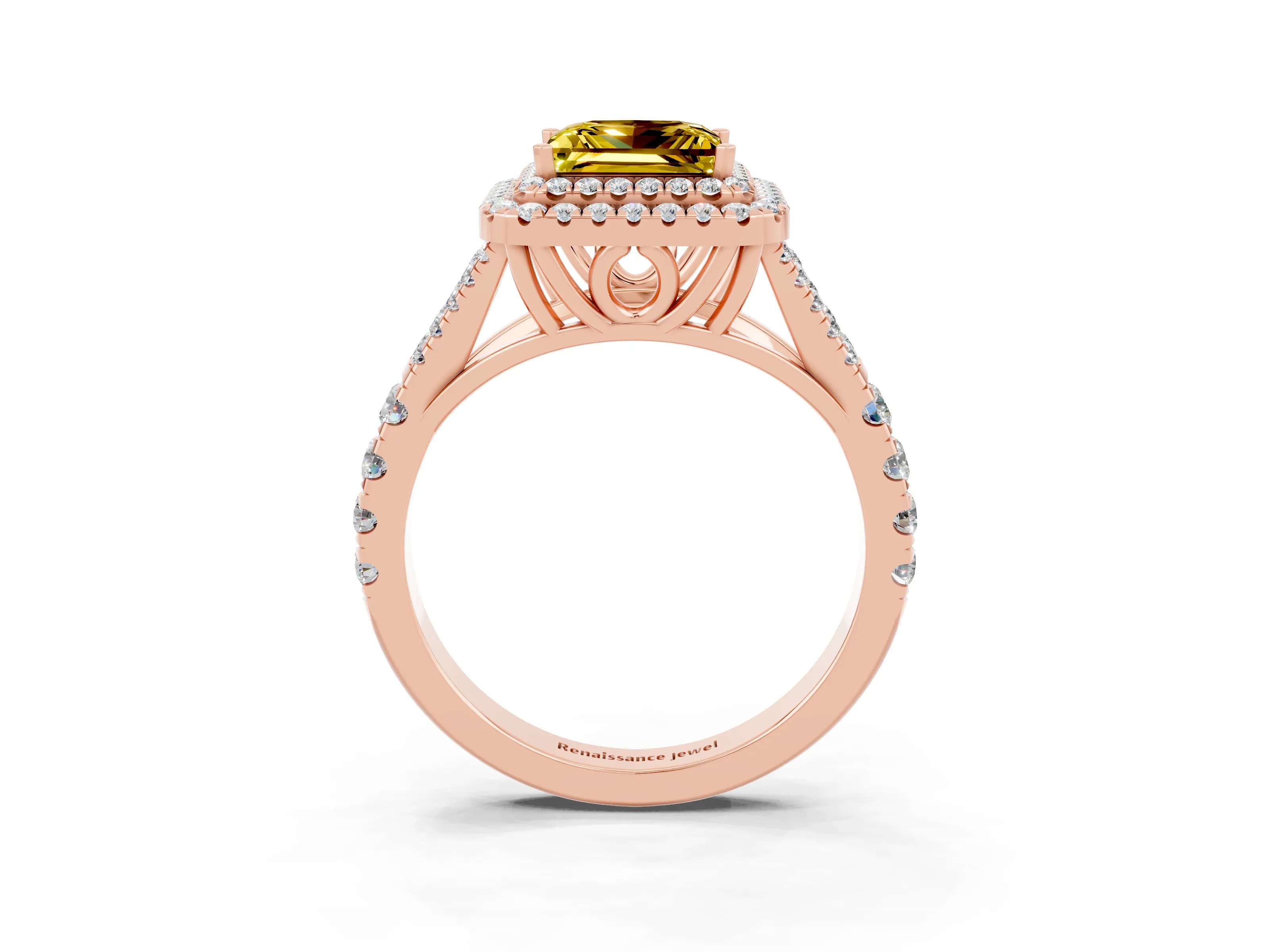 Rose gold Double Halo Princess Cut Yellow Sapphire Pavé Split Shank Ring with Prong Setting_3