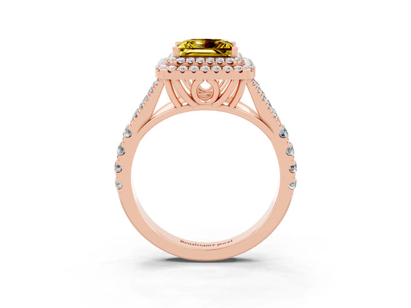 Rose gold Double Halo Princess Cut Yellow Sapphire Pavé Split Shank Ring with Prong Setting