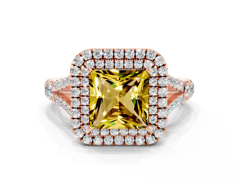 Rose gold Double Halo Princess Cut Yellow Sapphire Pavé Split Shank Ring with Prong Setting