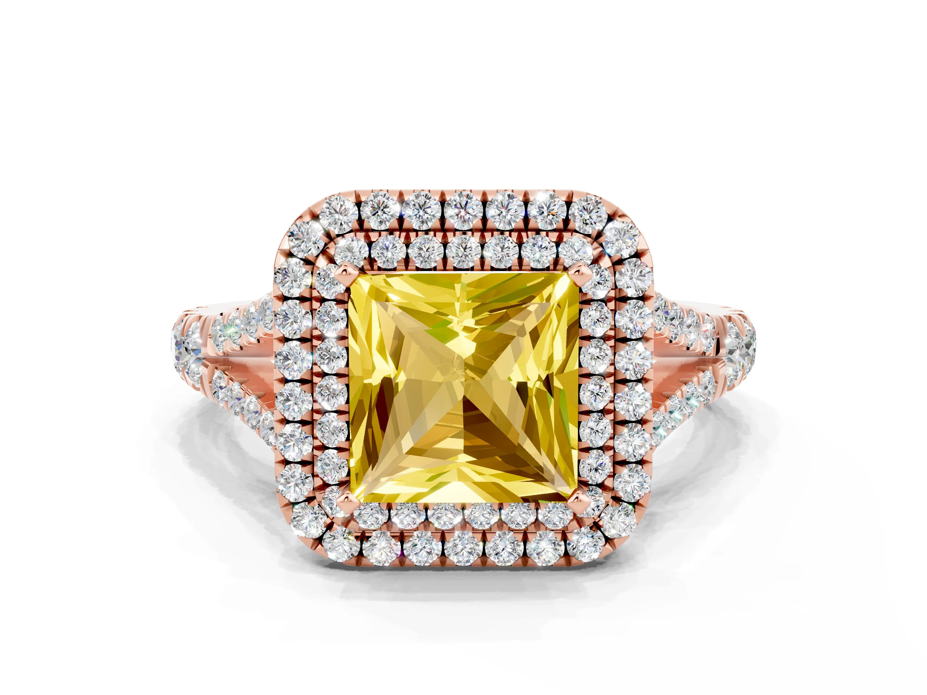 Rose gold Double Halo Princess Cut Yellow Sapphire Split Shank Engagement Ring with Four-Prong Setting