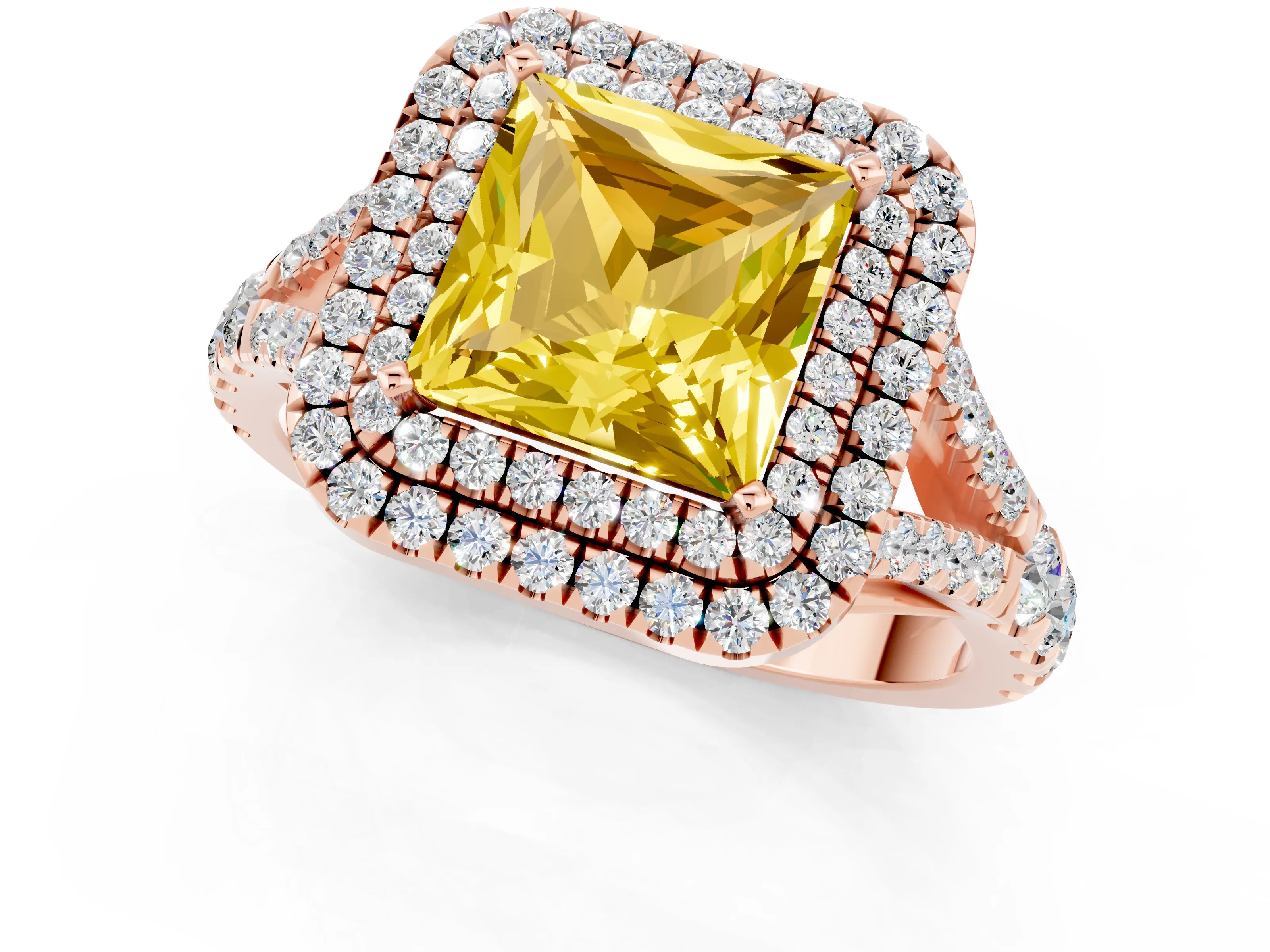 Rose gold Double Halo Princess Cut Yellow Sapphire Split Shank Engagement Ring with Four-Prong Setting_1