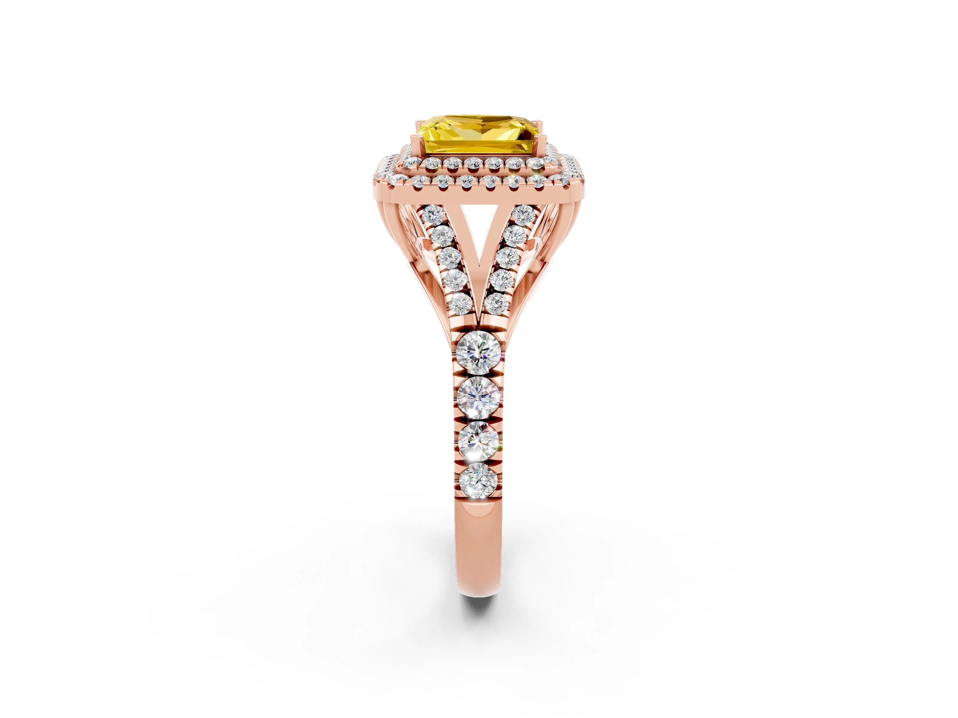 Rose gold Double Halo Princess Cut Yellow Sapphire Split Shank Engagement Ring with Four-Prong Setting_2