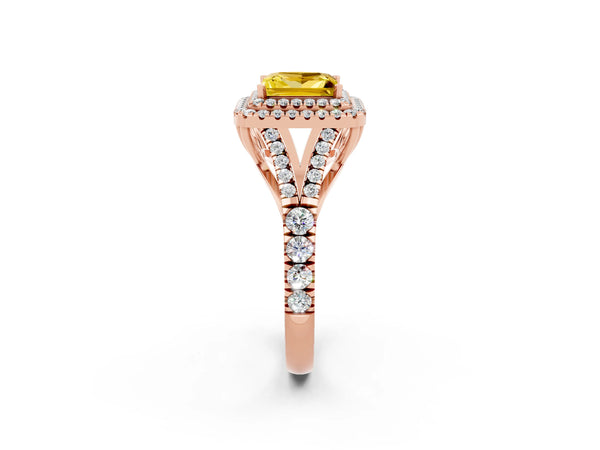 Rose gold Double Halo Princess Cut Yellow Sapphire Split Shank Engagement Ring with Four-Prong Setting