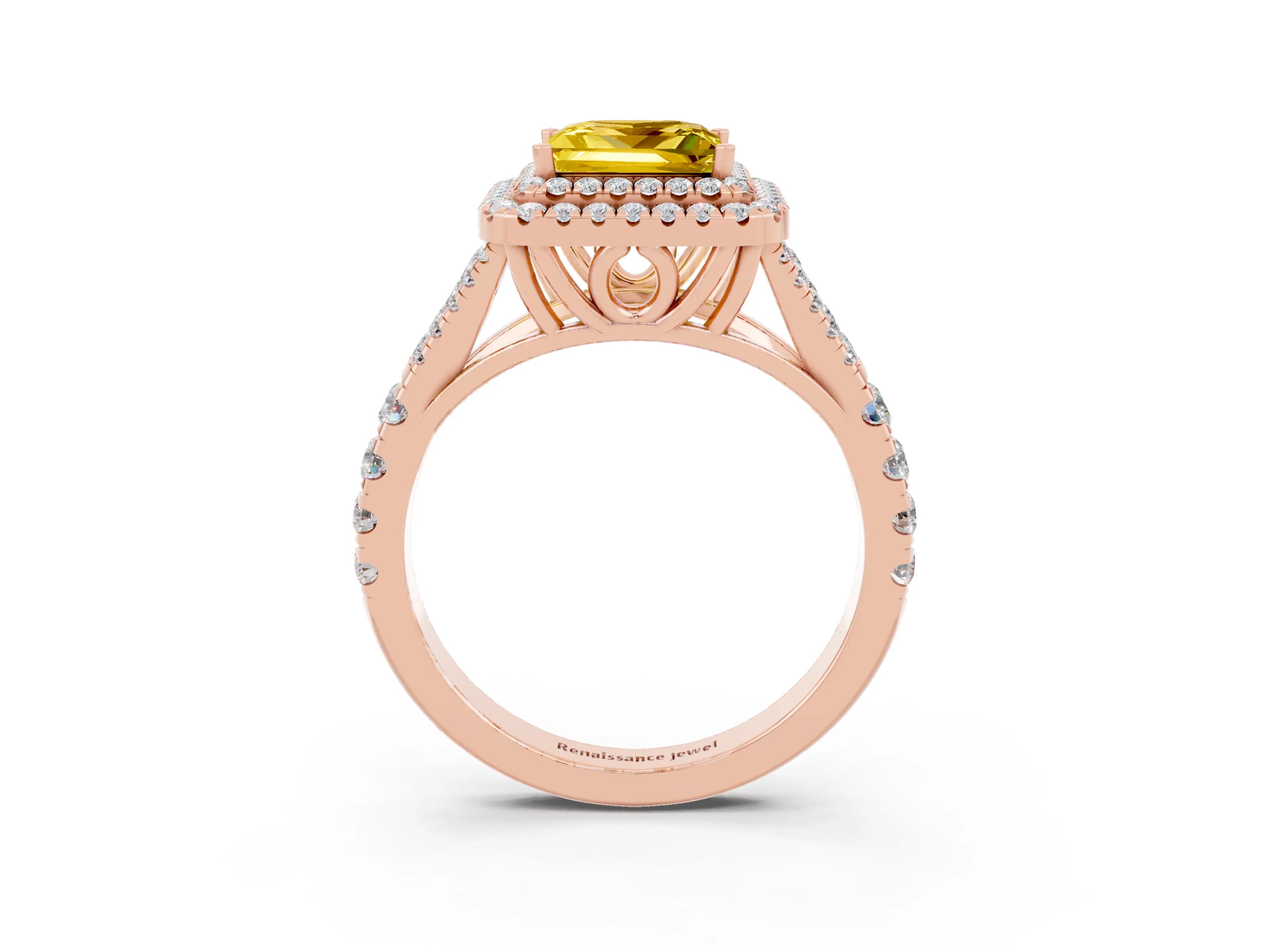 Rose gold Double Halo Princess Cut Yellow Sapphire Split Shank Engagement Ring with Four-Prong Setting_3