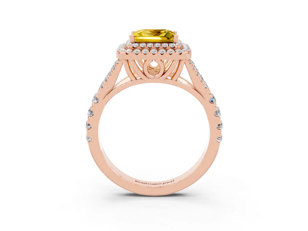 Rose gold Double Halo Princess Cut Yellow Sapphire Split Shank Engagement Ring with Four-Prong Setting