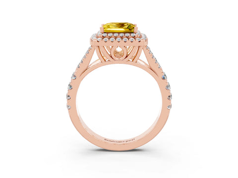 Rose gold Double Halo Princess Cut Yellow Sapphire Split Shank Engagement Ring with Four-Prong Setting_3