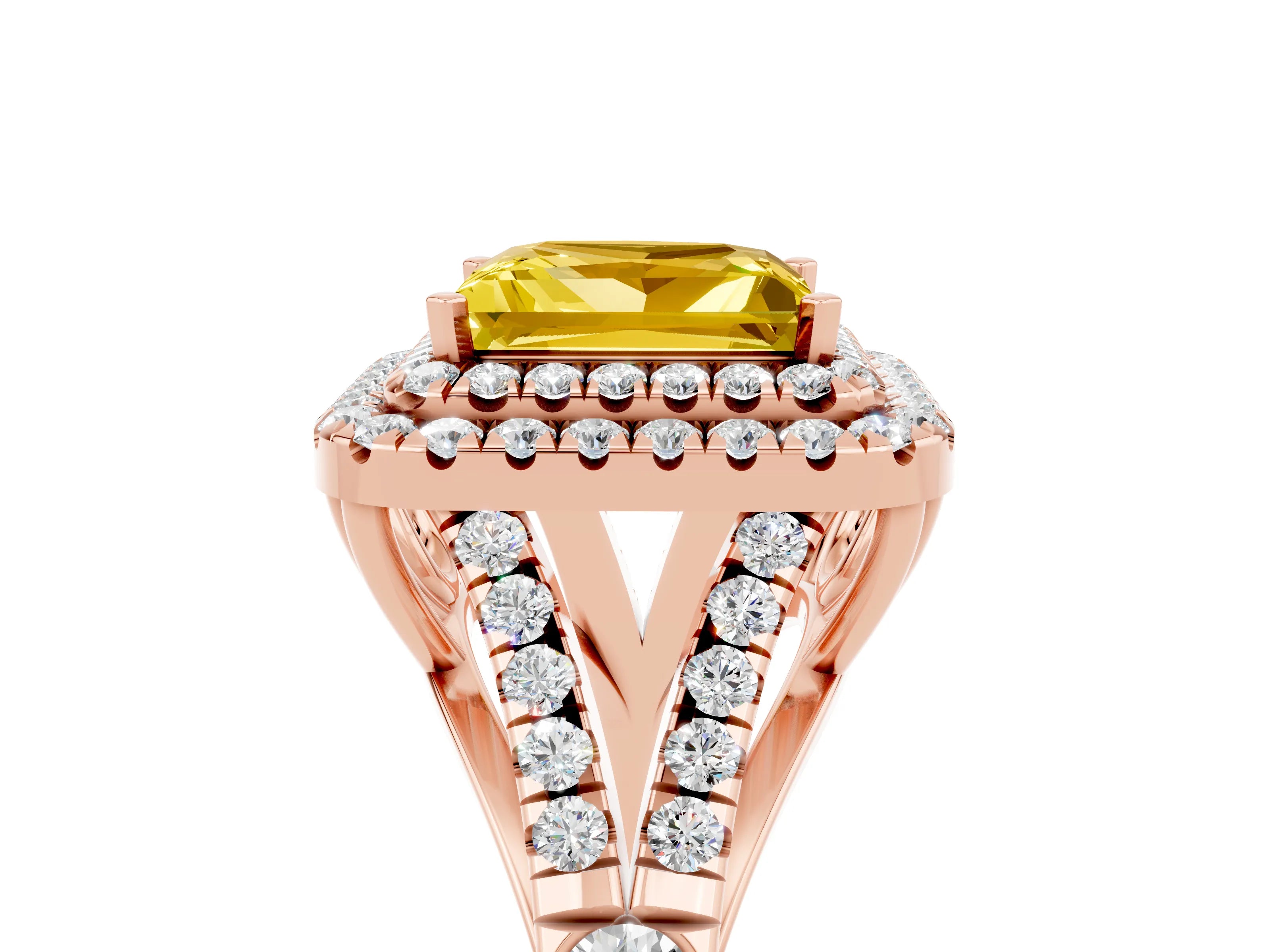 Rose gold Double Halo Princess Cut Yellow Sapphire Split Shank Engagement Ring with Four-Prong Setting_5