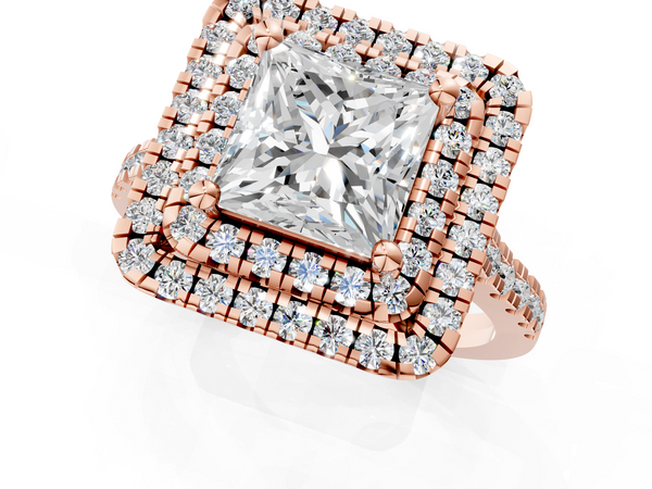 Rose gold Double Halo Princess Cut Diamond Pavé Band with Four-Prong Setting