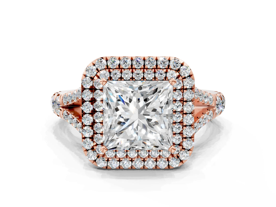 Rose gold Double Halo Princess-Shaped Split Shank Diamond Ring with Prong Setting_19
