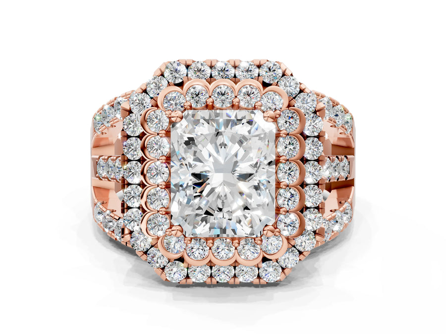 Rose gold Double Halo Radiant Cut Diamond Split Shank Pave Set Ring