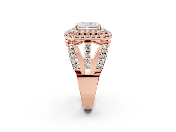 Rose gold Double Halo Radiant Cut Diamond Split Shank Pave Set Ring