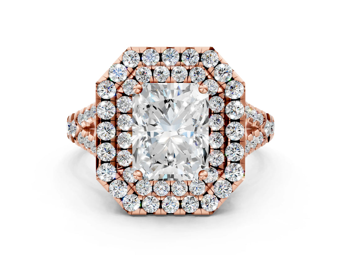 Rose gold Double Halo Radiant Cut Pave Split Shank Prong Set Ring_15