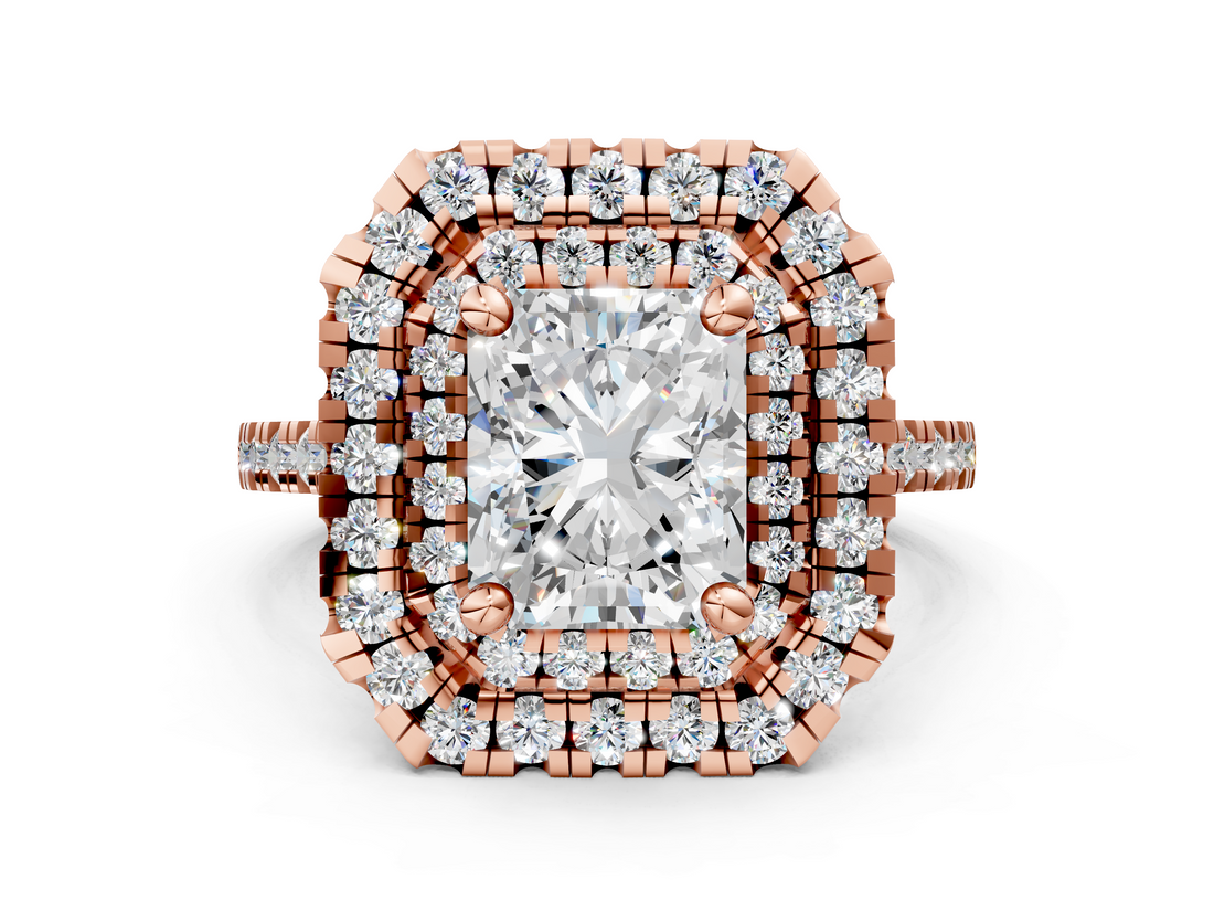 Rose gold Double Halo Radiant Diamond Pave Band with Four-Prong Setting_58