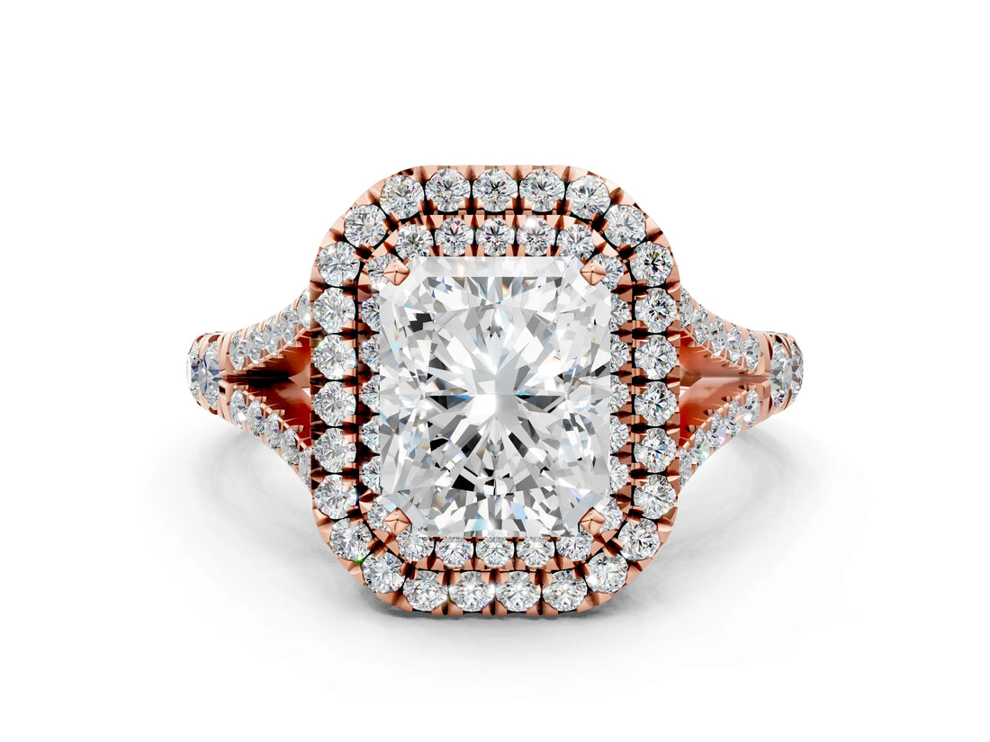 Rose gold Double Halo Radiant-Shaped Split Shank Diamond Ring with Prong Setting_19