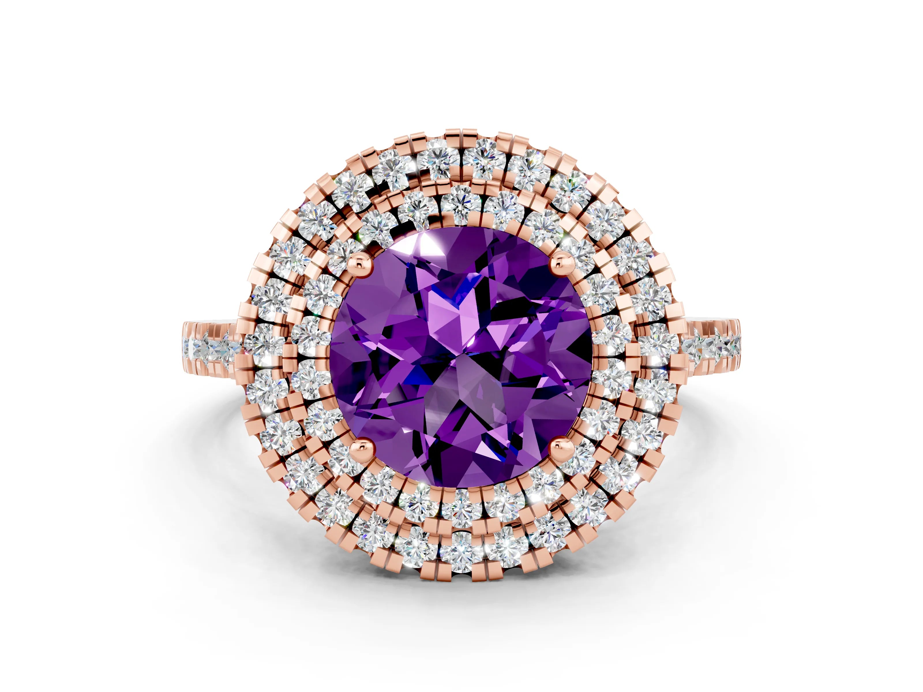 Rose gold Double Halo Round Cut Amethyst Pavé Band with Four-Prong Setting