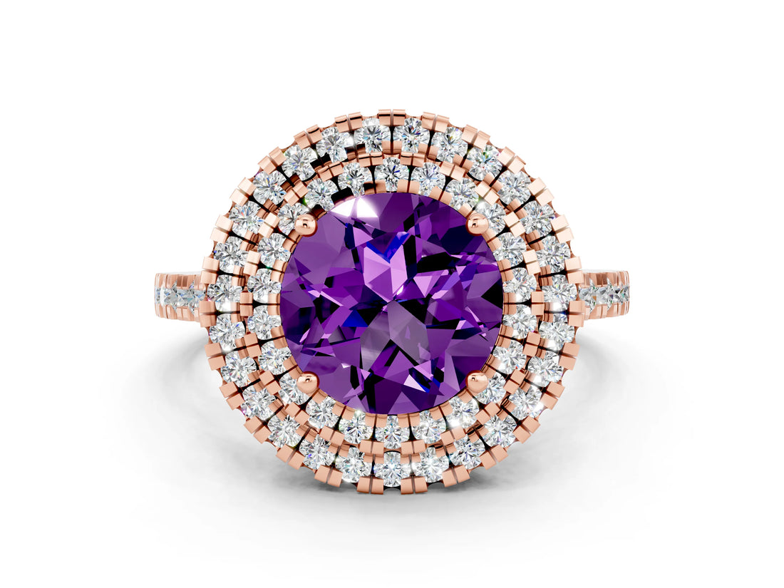 Rose gold Double Halo Round Cut Amethyst Pavé Band with Four-Prong Setting