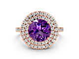 Rose gold Double Halo Round Cut Amethyst Pavé Band with Four-Prong Setting