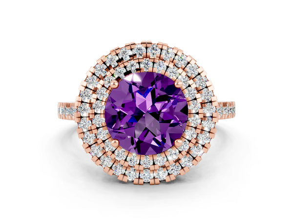 Rose gold Double Halo Round Cut Amethyst Pavé Band with Four-Prong Setting
