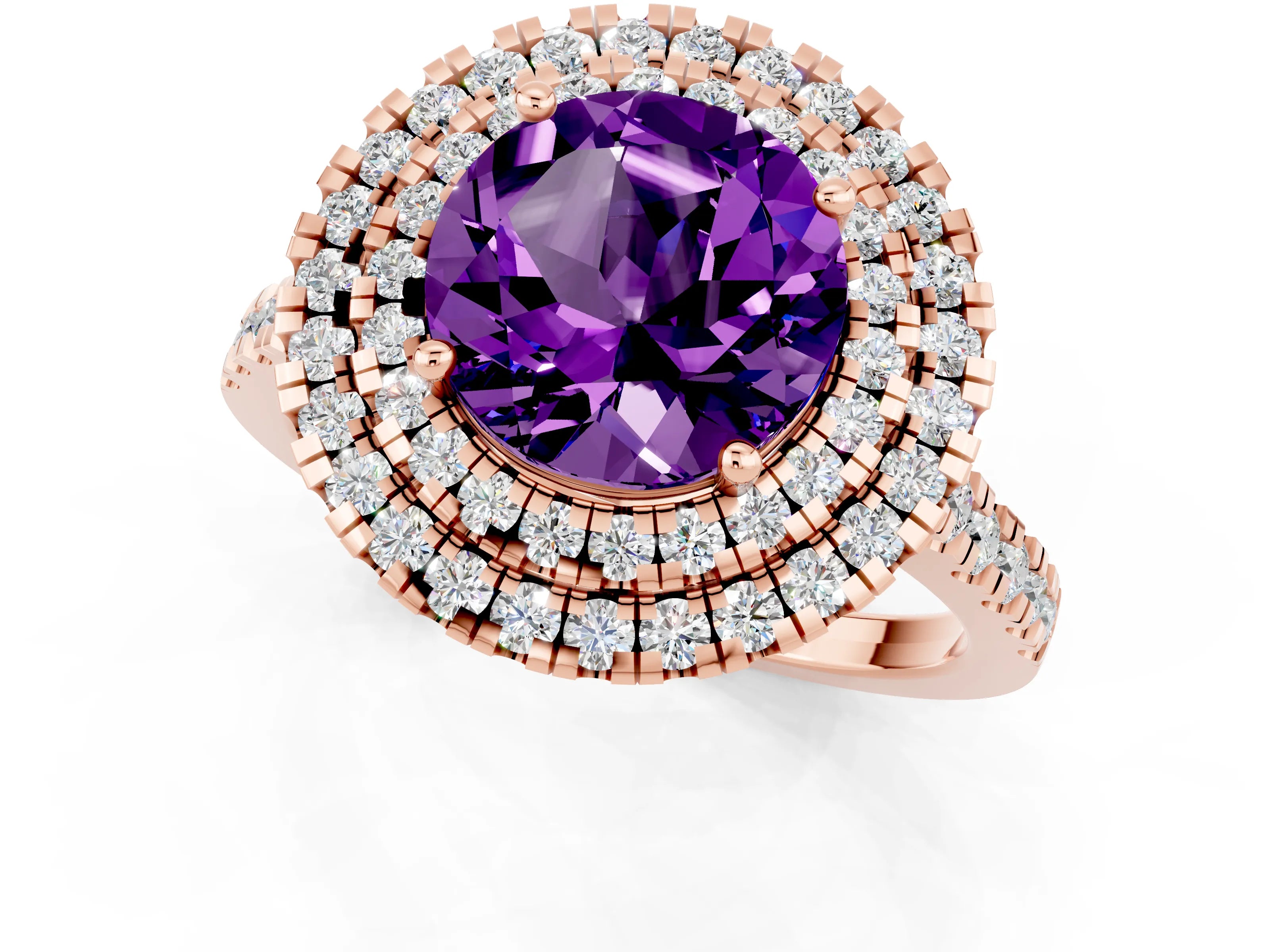 Rose gold Double Halo Round Cut Amethyst Pavé Band with Four-Prong Setting_1