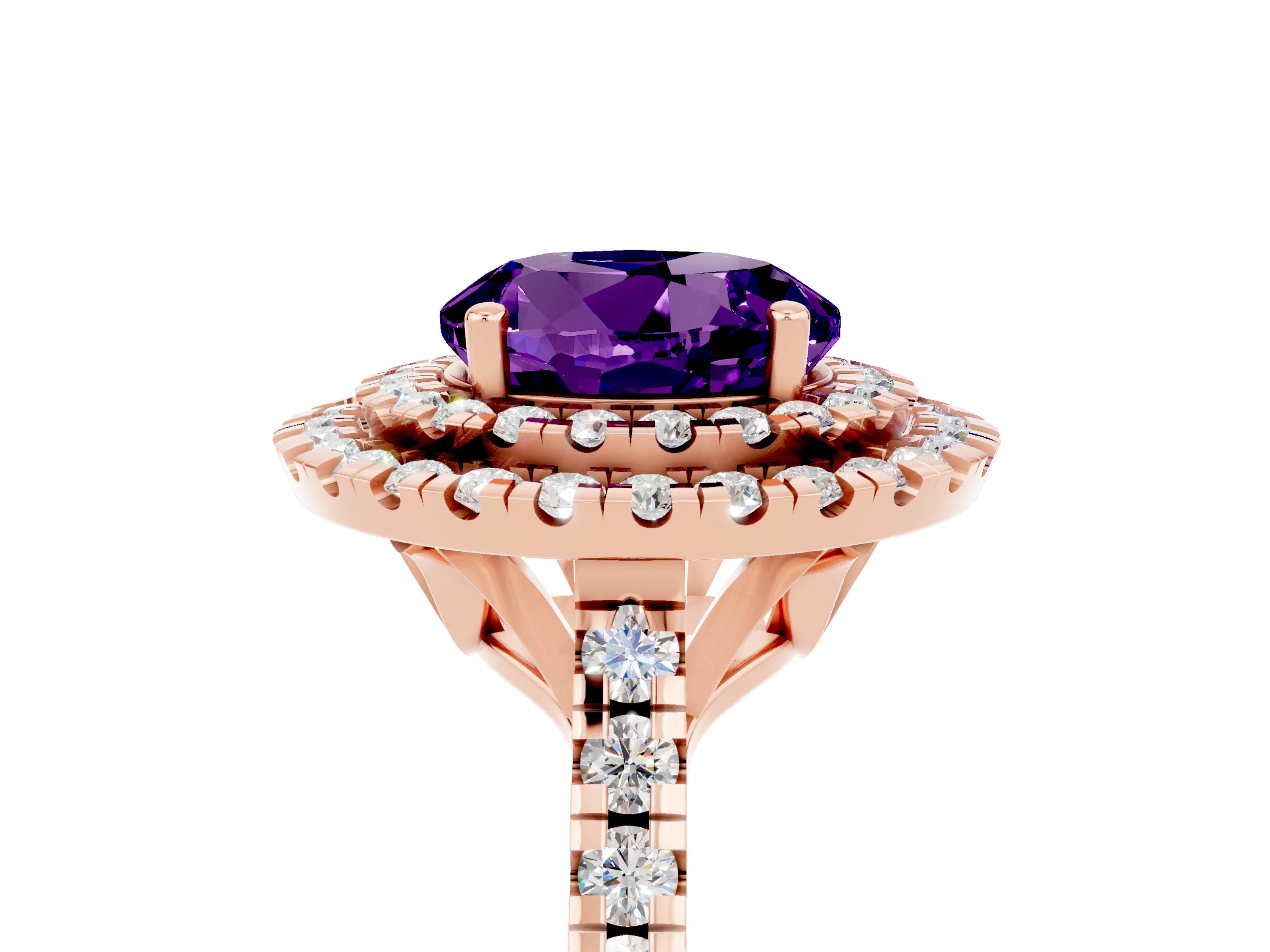 Rose gold Double Halo Round Cut Amethyst Pavé Band with Four-Prong Setting_5