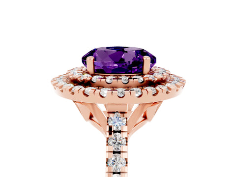 Rose gold Double Halo Round Cut Amethyst Pavé Band with Four-Prong Setting_5