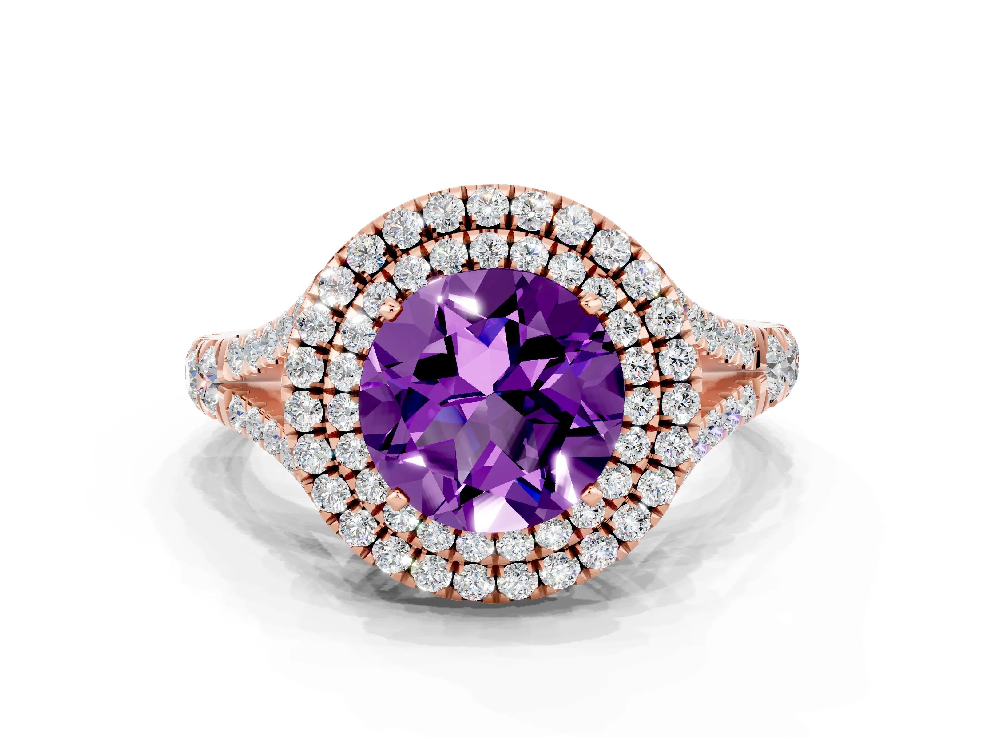 Rose gold Double Halo Round Cut Amethyst Pavé Split Shank Ring with Prong Setting