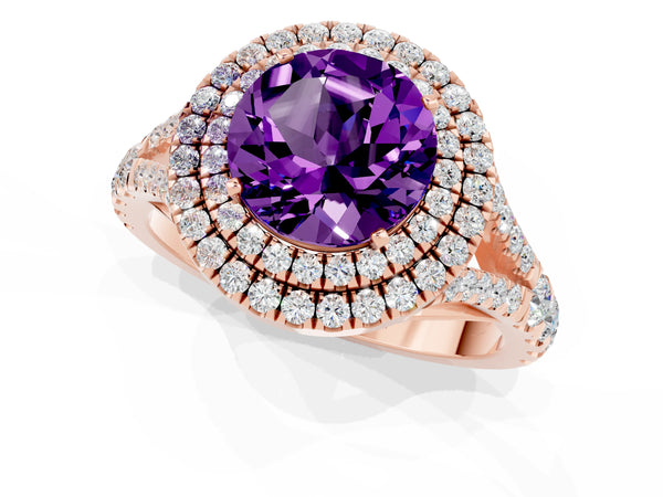 Rose gold Double Halo Round Cut Amethyst Pavé Split Shank Ring with Prong Setting