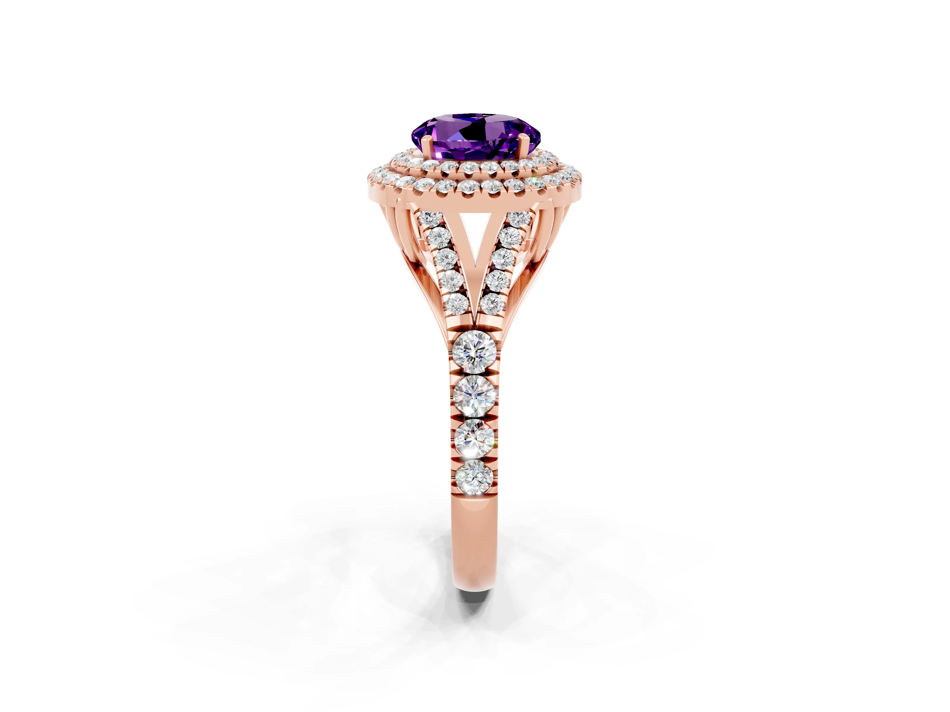 Rose gold Double Halo Round Cut Amethyst Pavé Split Shank Ring with Prong Setting_2