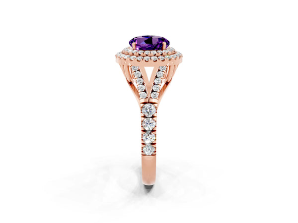 Rose gold Double Halo Round Cut Amethyst Pavé Split Shank Ring with Prong Setting