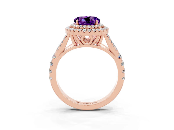 Rose gold Double Halo Round Cut Amethyst Pavé Split Shank Ring with Prong Setting