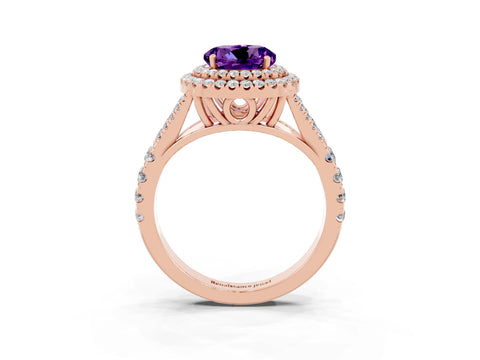 Rose gold Double Halo Round Cut Amethyst Pavé Split Shank Ring with Prong Setting_3