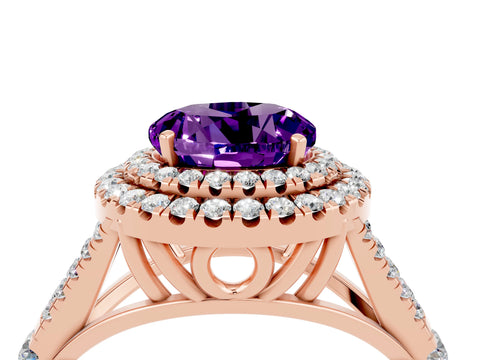 Rose gold Double Halo Round Cut Amethyst Pavé Split Shank Ring with Prong Setting_4
