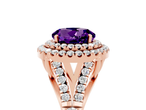 Rose gold Double Halo Round Cut Amethyst Pavé Split Shank Ring with Prong Setting_5
