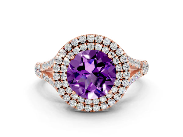 Rose gold Double Halo Round Cut Amethyst Split Shank Engagement Ring with Four-Prong Setting