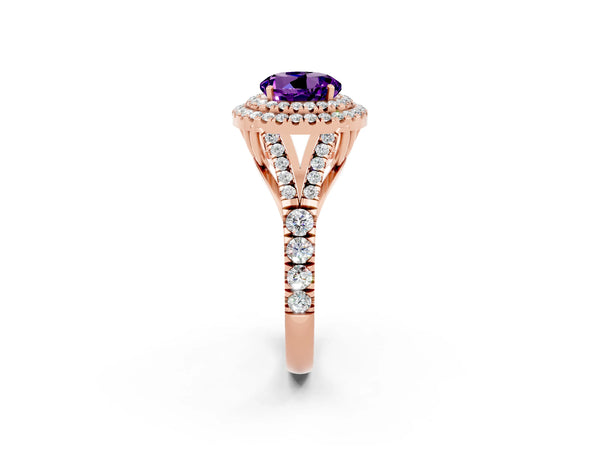Rose gold Double Halo Round Cut Amethyst Split Shank Engagement Ring with Four-Prong Setting