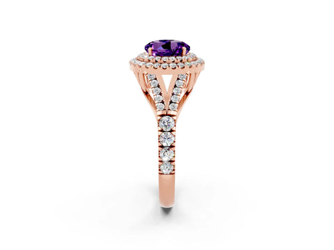 Rose gold Double Halo Round Cut Amethyst Split Shank Engagement Ring with Four-Prong Setting_2
