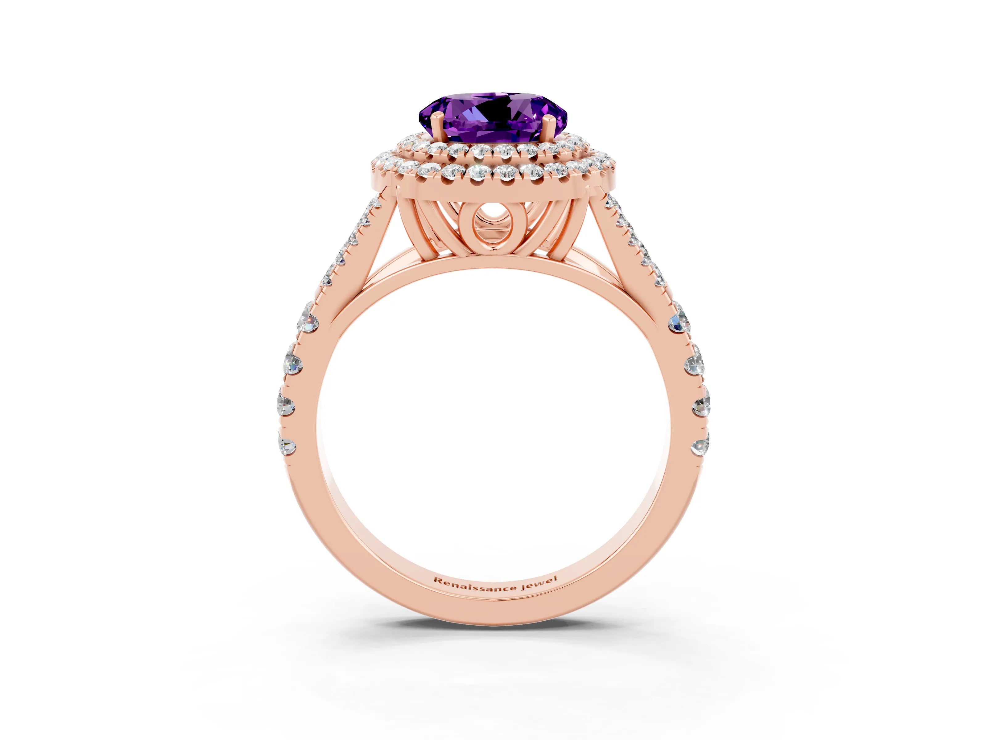 Rose gold Double Halo Round Cut Amethyst Split Shank Engagement Ring with Four-Prong Setting_3