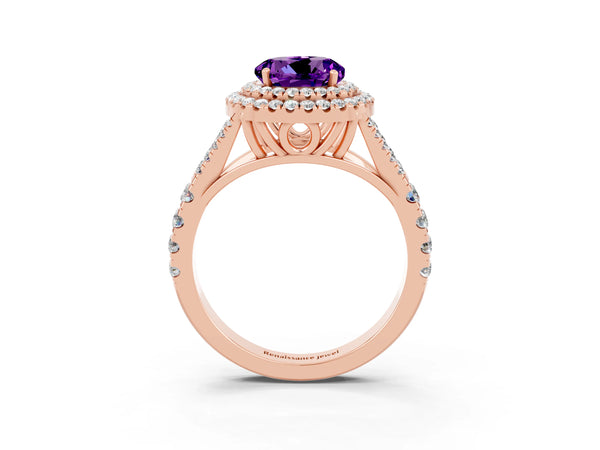 Rose gold Double Halo Round Cut Amethyst Split Shank Engagement Ring with Four-Prong Setting