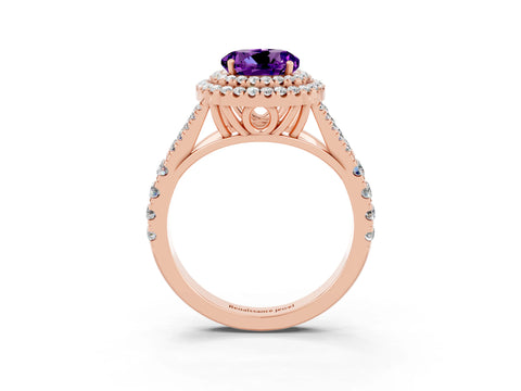 Rose gold Double Halo Round Cut Amethyst Split Shank Engagement Ring with Four-Prong Setting_3