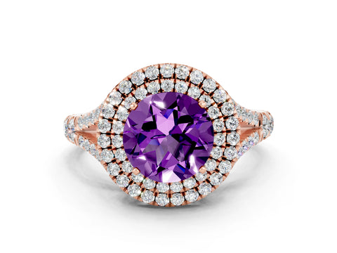 Rose gold Double Halo Round Cut Amethyst Split Shank Engagement Ring with Four-Prong Setting