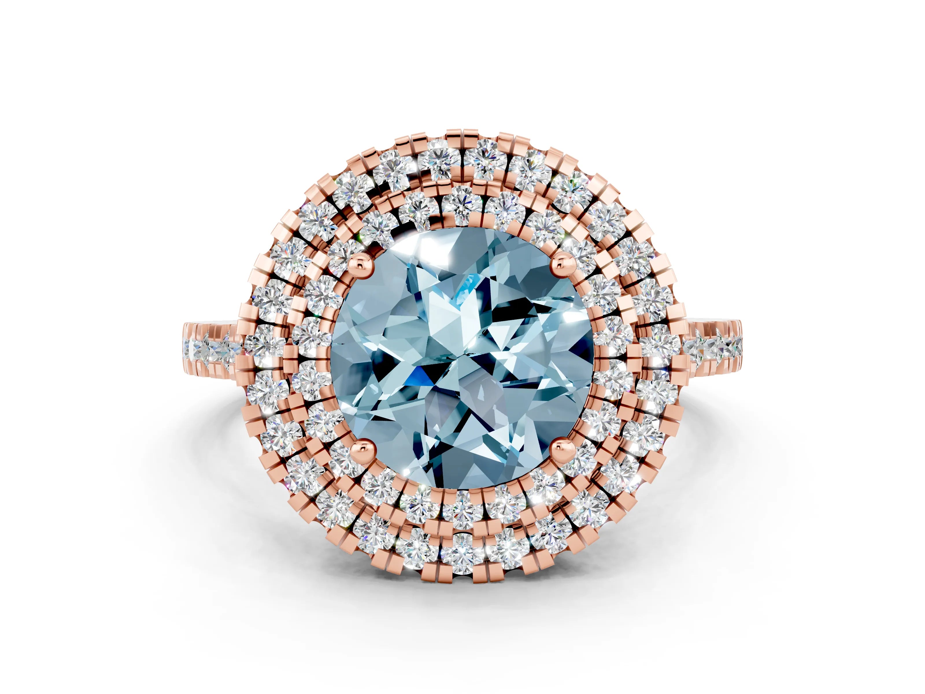 Rose gold Double Halo Round Cut Aquamarine Pavé Band with Four-Prong Setting