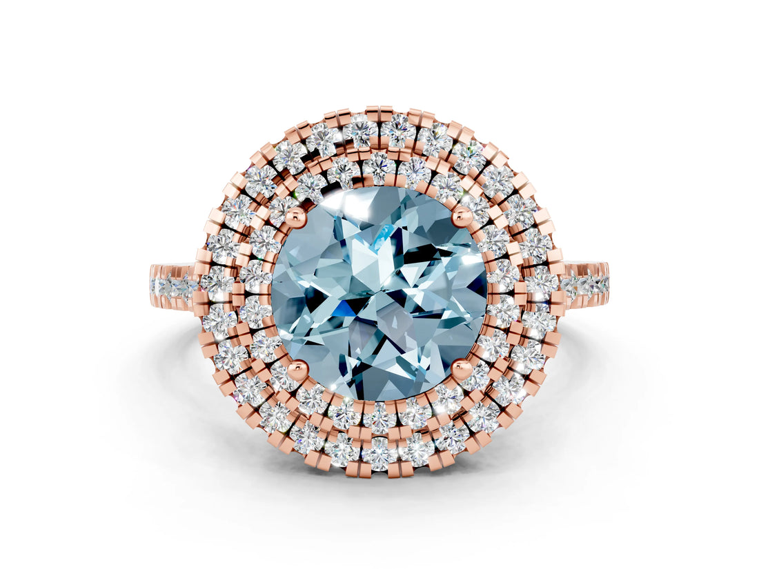 Rose gold Double Halo Round Cut Aquamarine Pavé Band with Four-Prong Setting