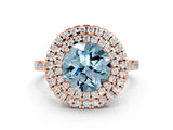 Rose gold Double Halo Round Cut Aquamarine Pavé Band with Four-Prong Setting