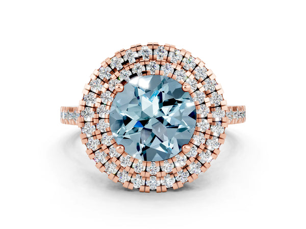 Rose gold Double Halo Round Cut Aquamarine Pavé Band with Four-Prong Setting