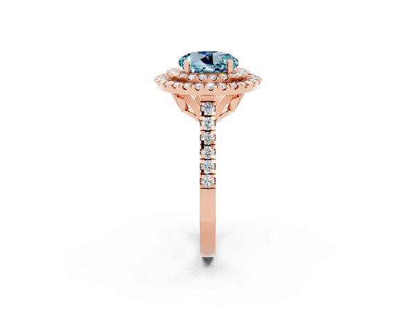 Rose gold Double Halo Round Cut Aquamarine Pavé Band with Four-Prong Setting