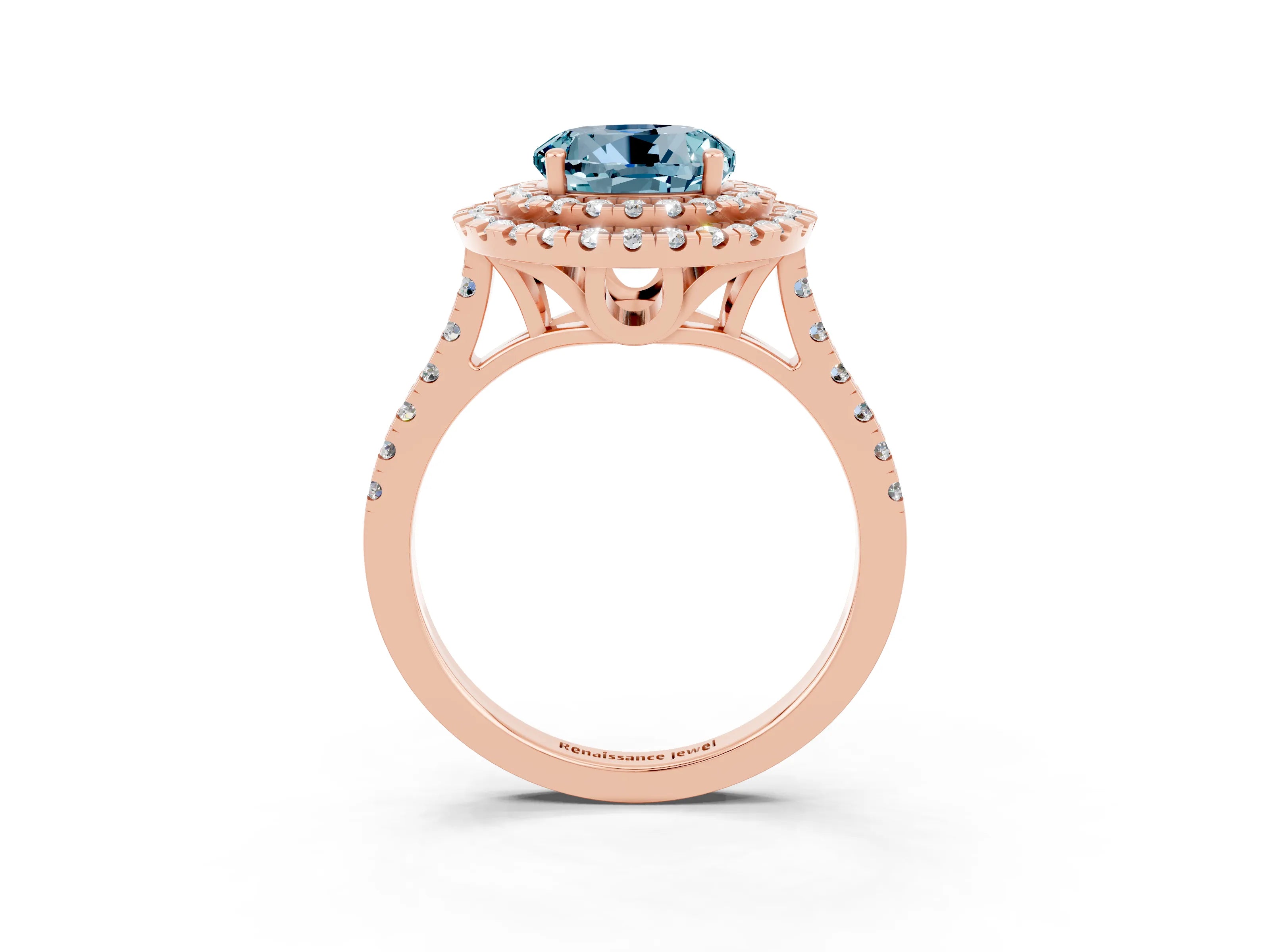 Rose gold Double Halo Round Cut Aquamarine Pavé Band with Four-Prong Setting_3