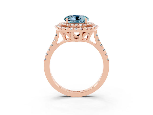 Rose gold Double Halo Round Cut Aquamarine Pavé Band with Four-Prong Setting